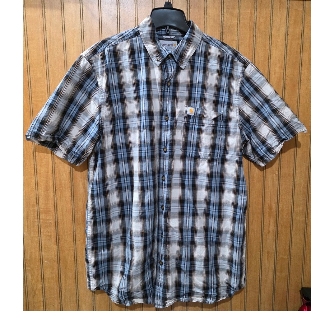 Carhartt Relaxed Fit Plaid Button‎ Up Shirt Gray Blue Short Sleeve L Tall
